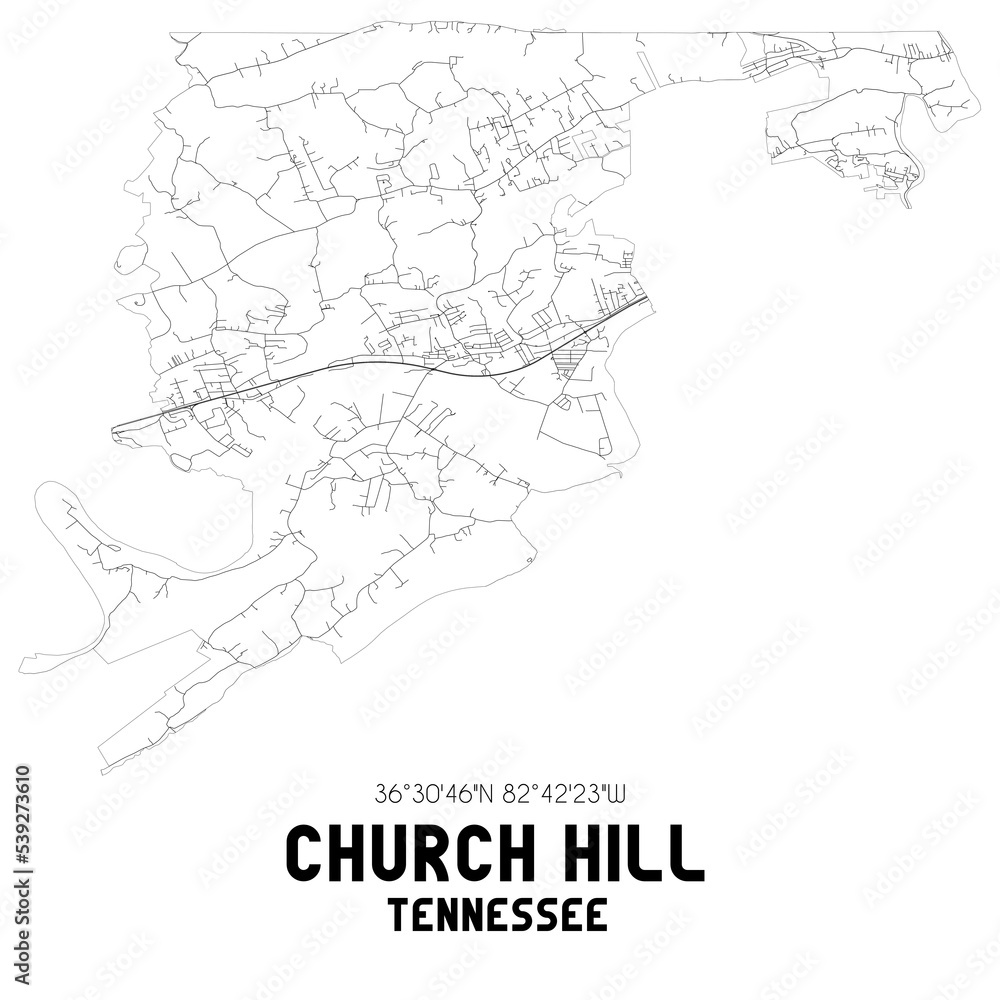 Church Hill Tennessee. US street map with black and white lines.