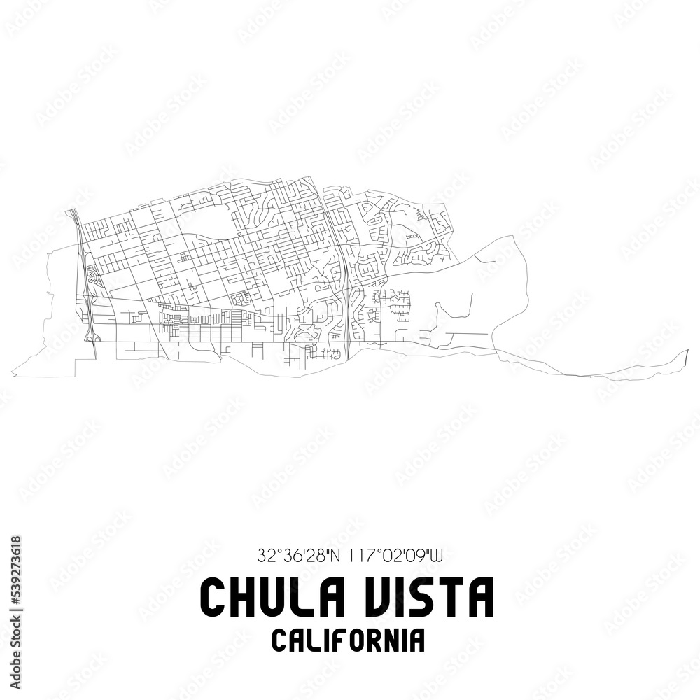 Chula Vista California. US street map with black and white lines. Stock