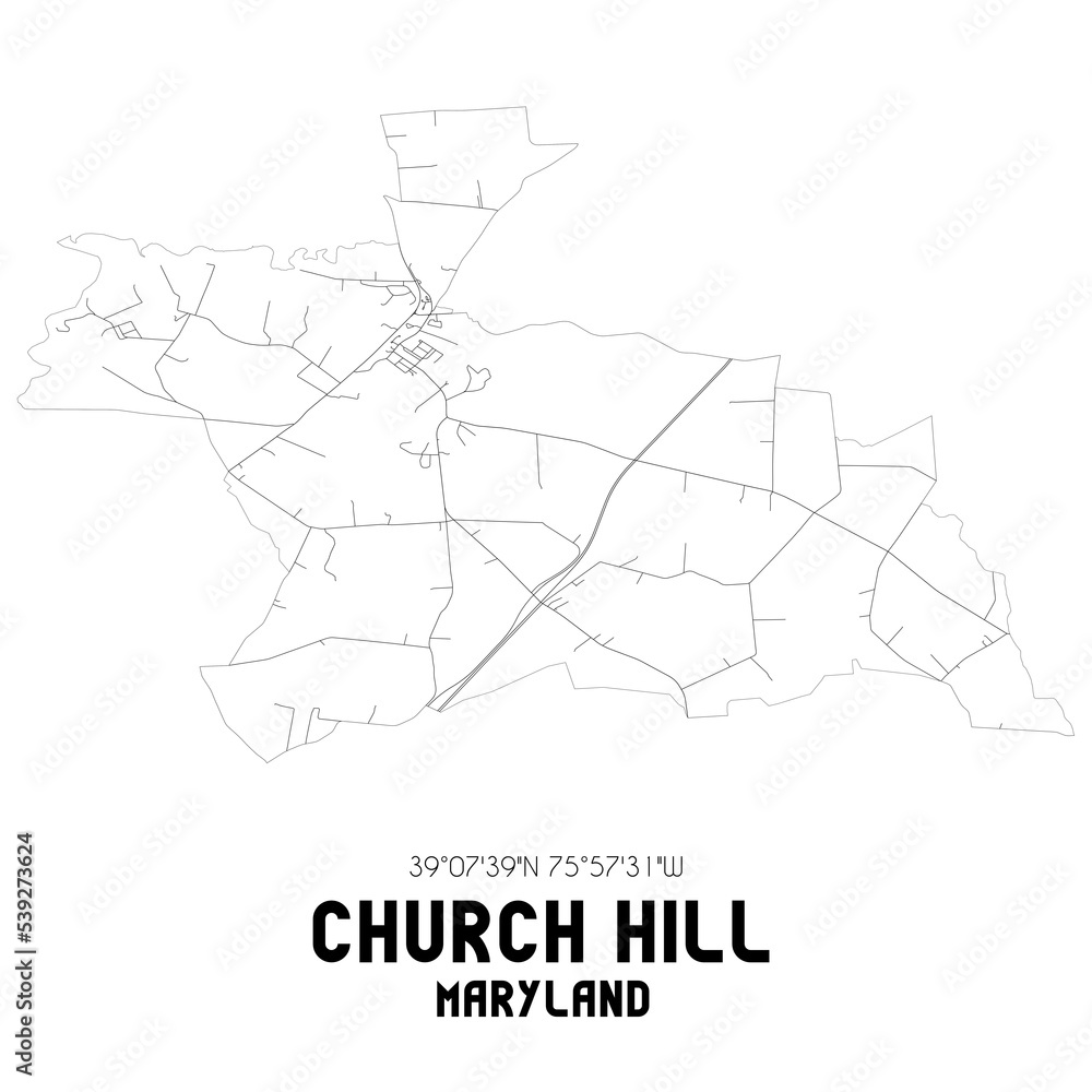 Church Hill Maryland. US street map with black and white lines.