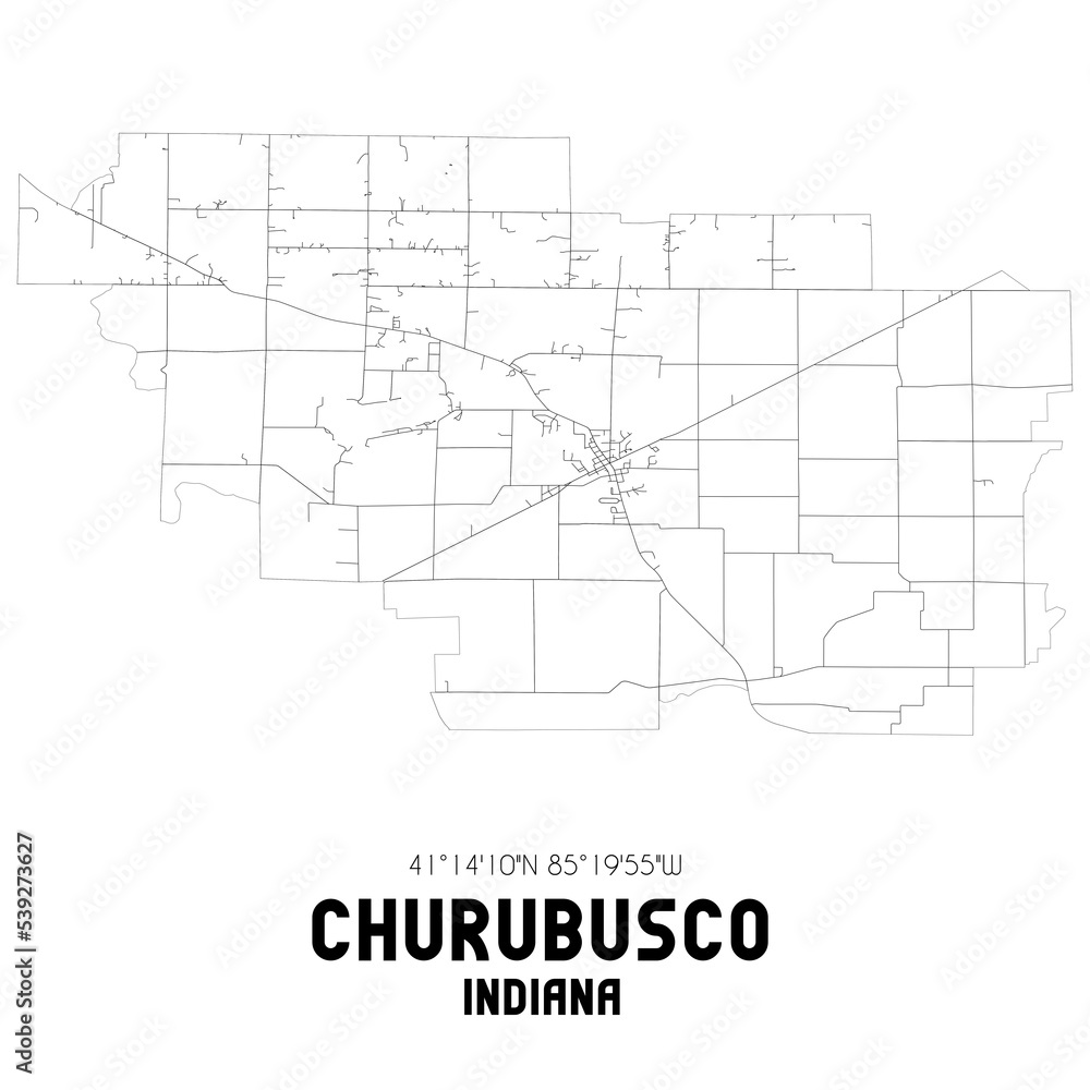 Churubusco Indiana. US street map with black and white lines.