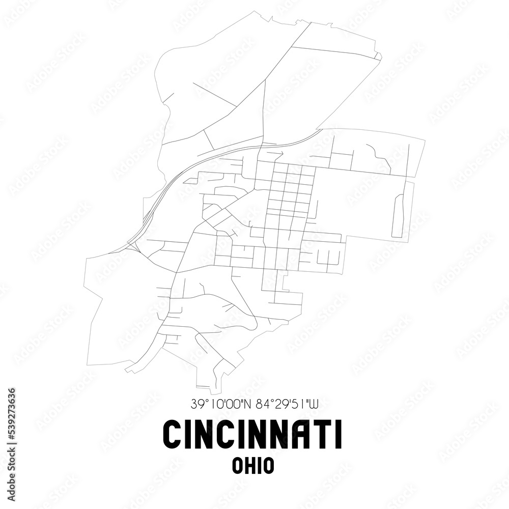 Cincinnati Ohio. US street map with black and white lines.