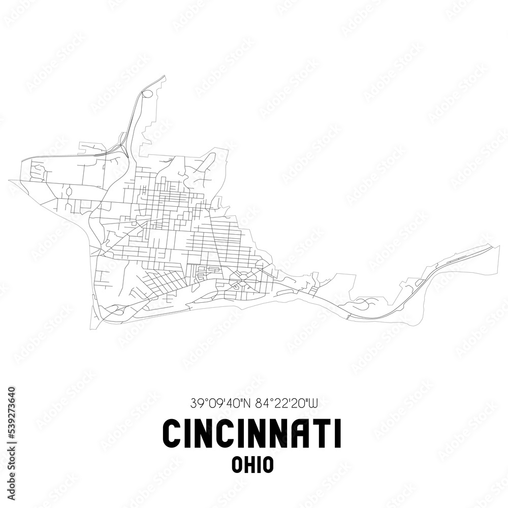 Cincinnati Ohio. US street map with black and white lines.