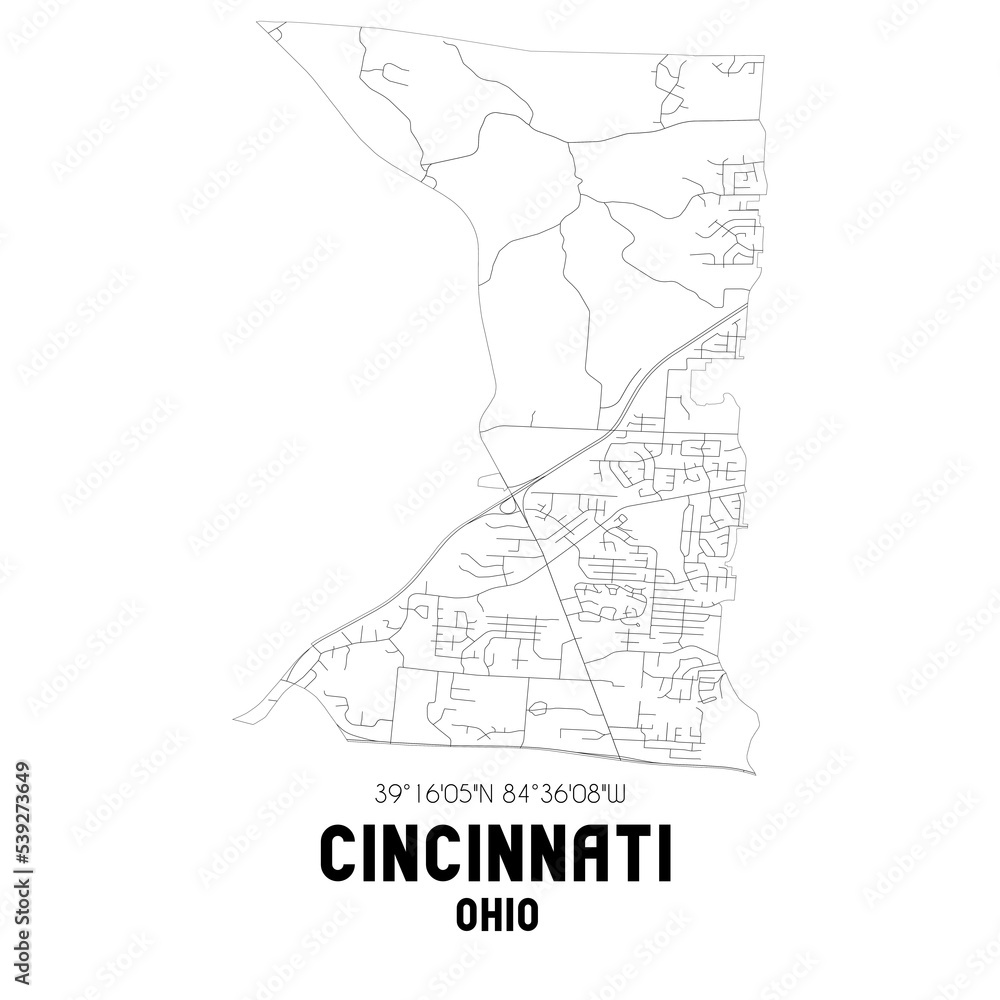 Cincinnati Ohio. US street map with black and white lines.