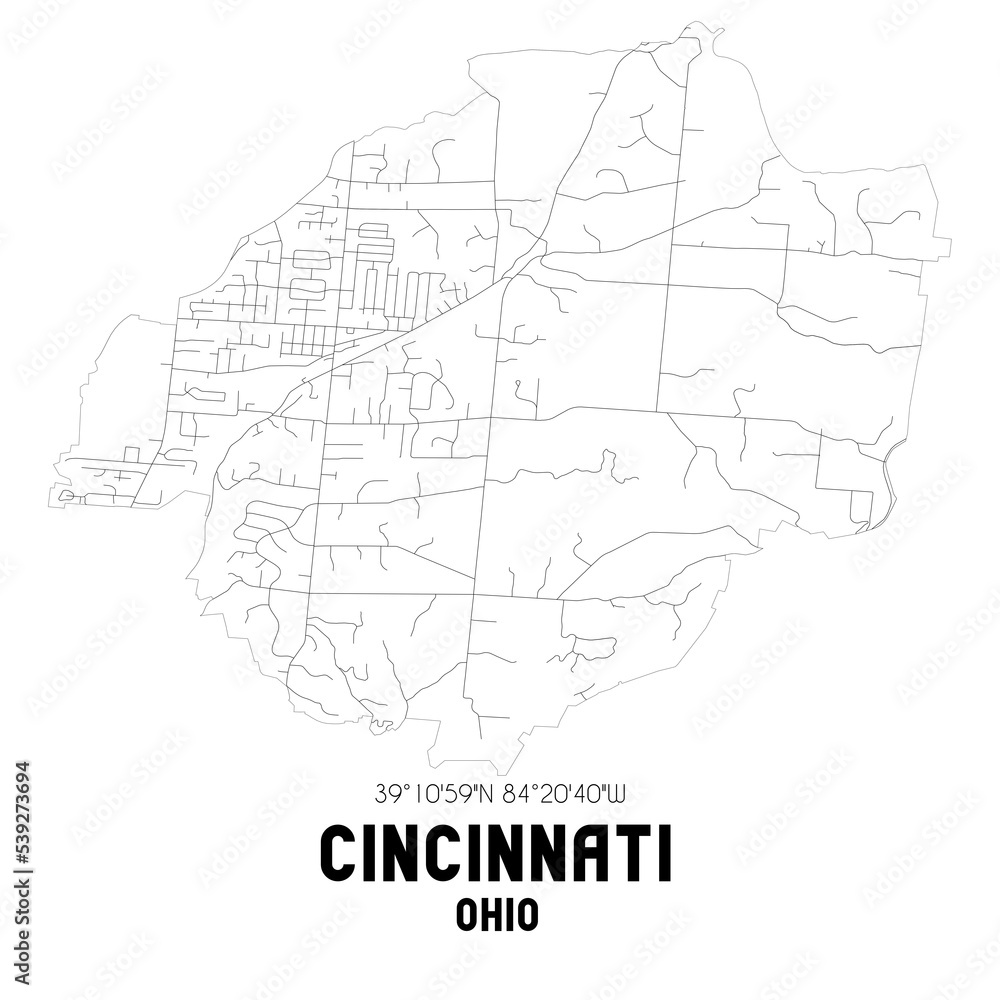 Cincinnati Ohio. US street map with black and white lines.