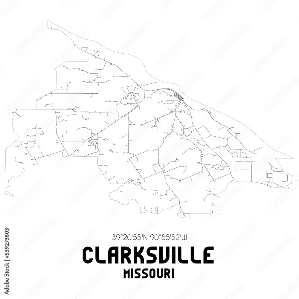 Clarksville Missouri. US street map with black and white lines.