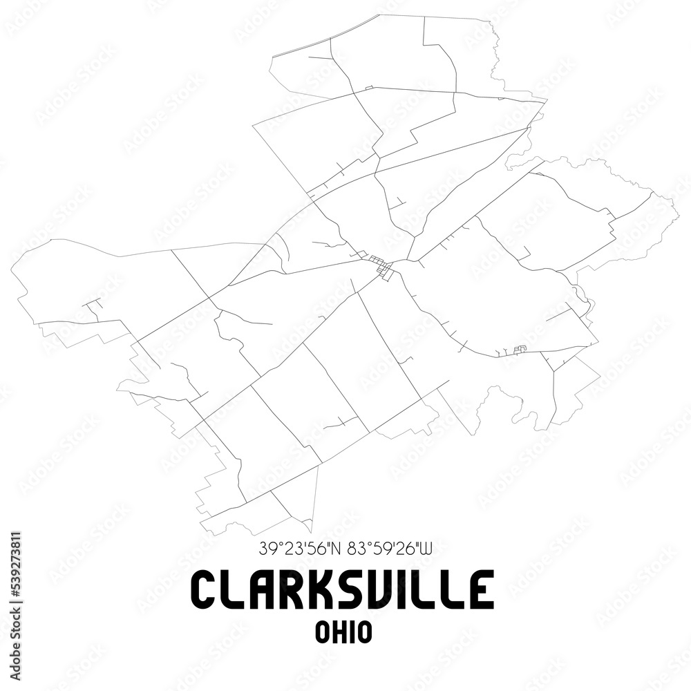 Clarksville Ohio. US street map with black and white lines.