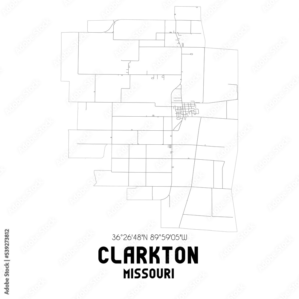 Clarkton Missouri. US street map with black and white lines.