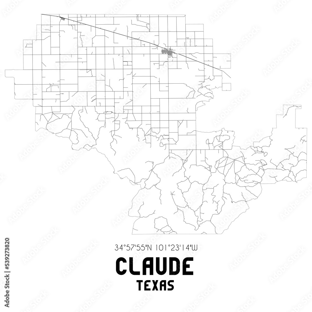 Claude Texas. US street map with black and white lines.