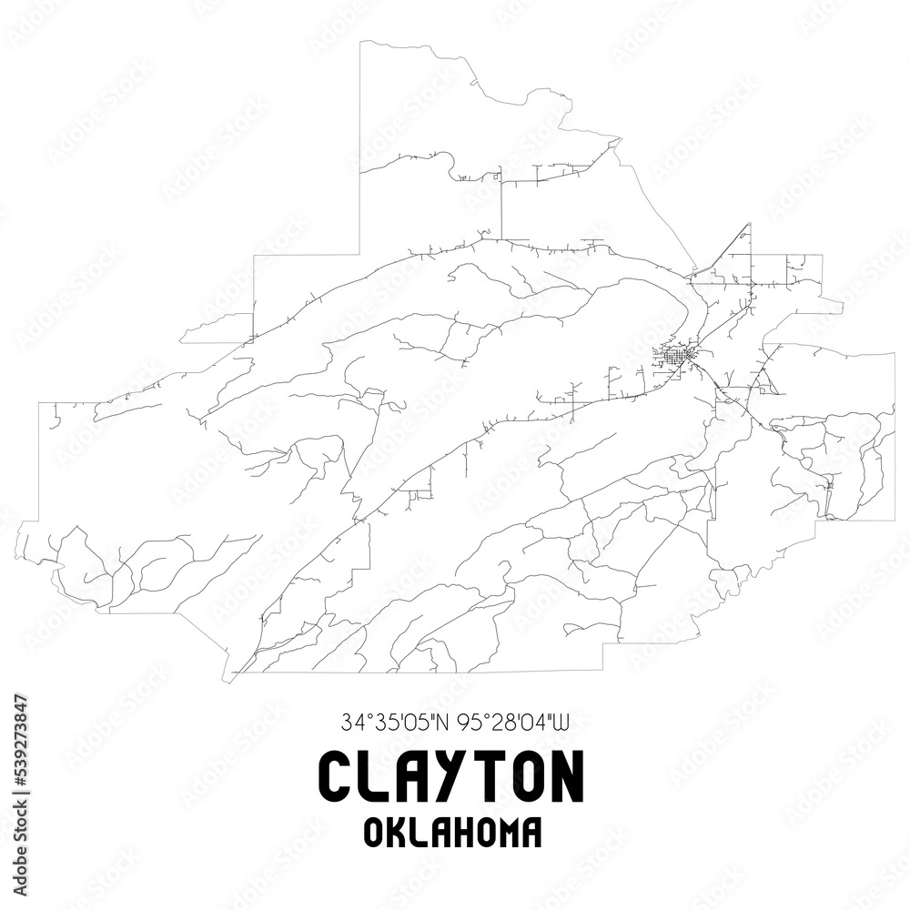 Clayton Oklahoma. US street map with black and white lines.