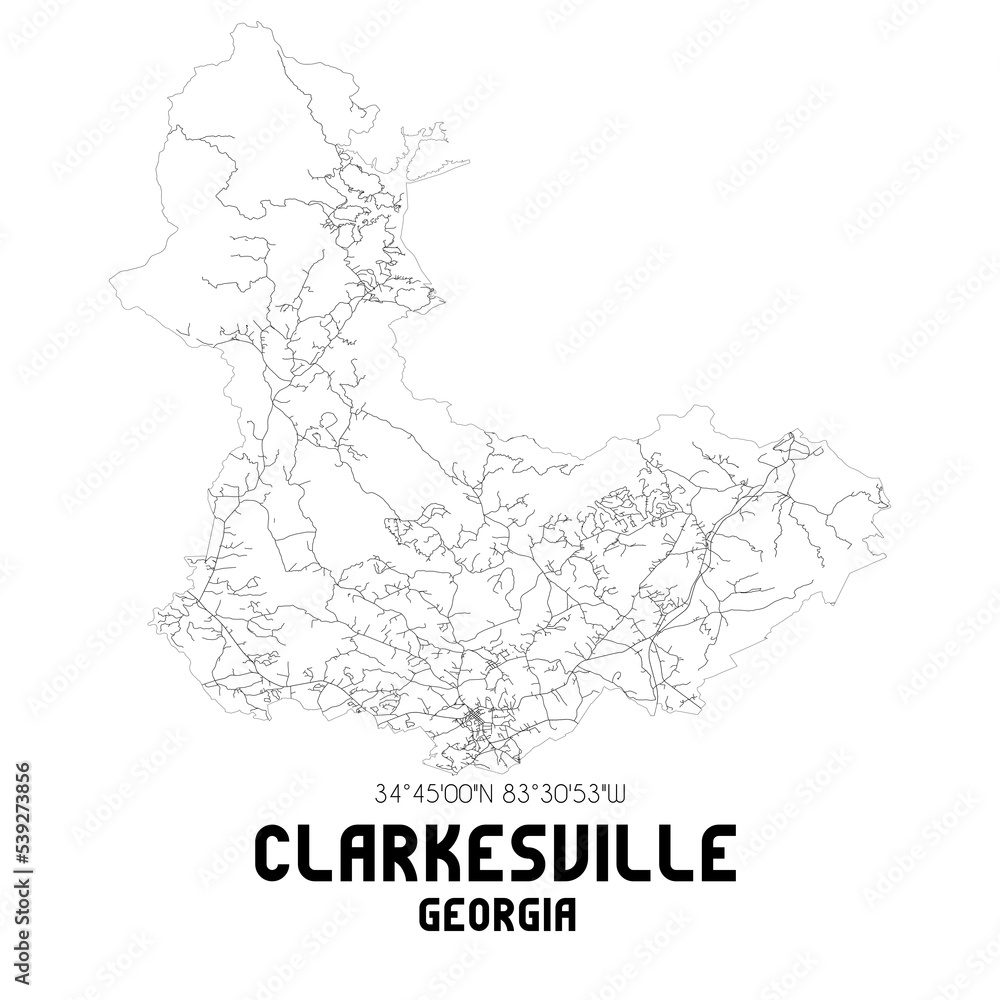 Clarkesville Georgia. US street map with black and white lines.
