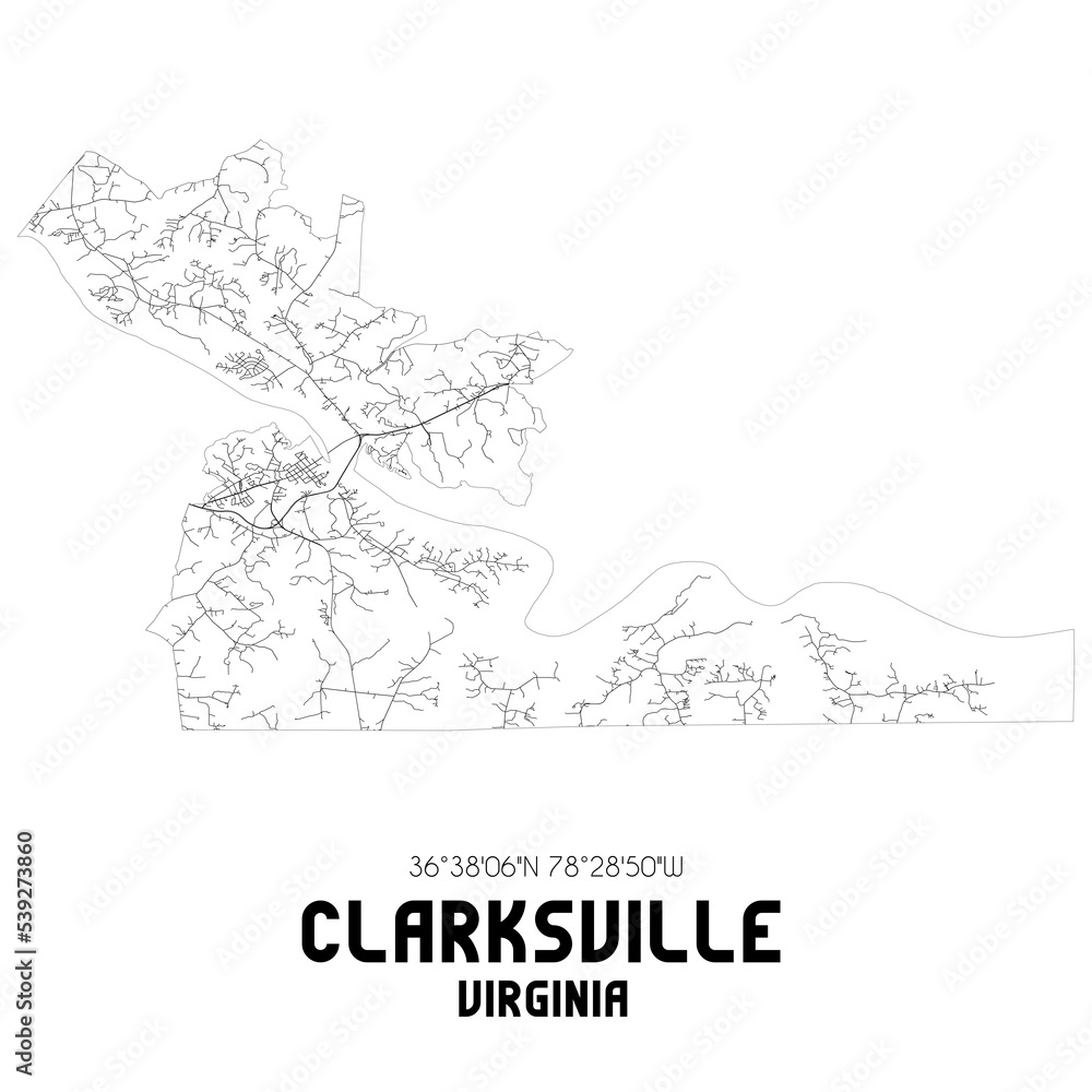 Clarksville Virginia. US street map with black and white lines.
