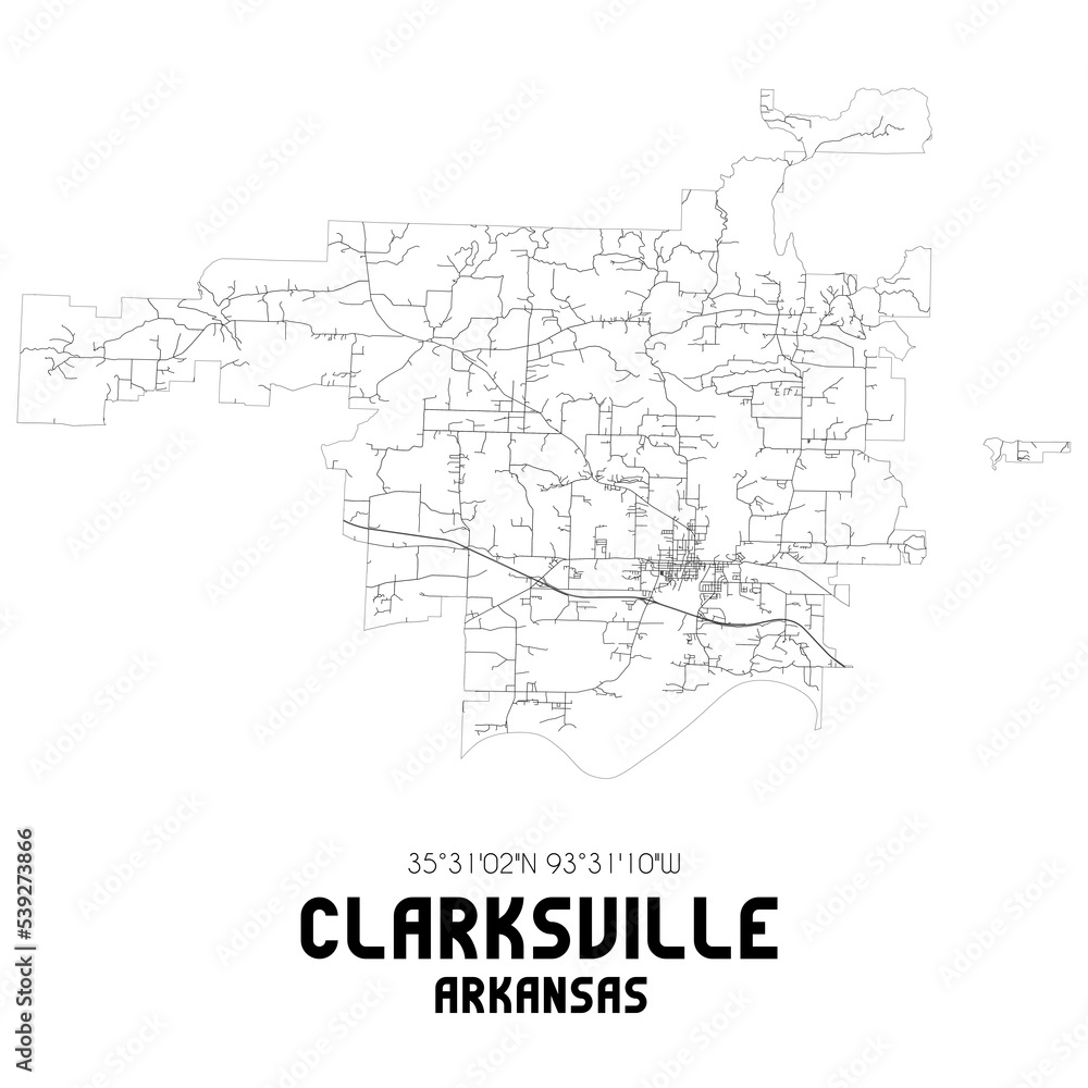 Clarksville Arkansas. US street map with black and white lines.