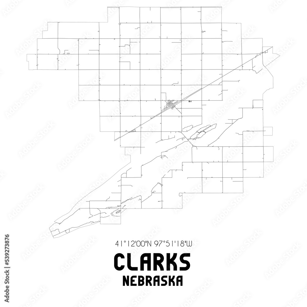 Clarks Nebraska. US street map with black and white lines.