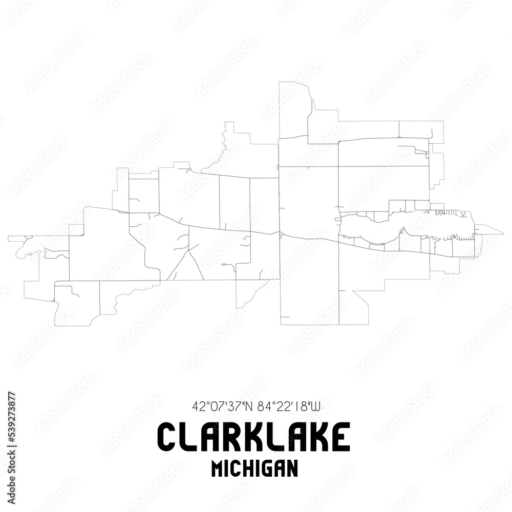 Clarklake Michigan. US street map with black and white lines.