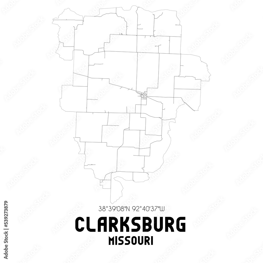 Clarksburg Missouri. US street map with black and white lines.