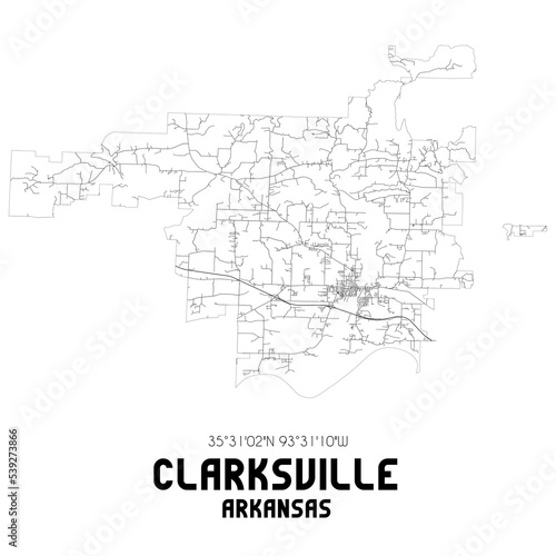 Clarksville Arkansas. US street map with black and white lines.