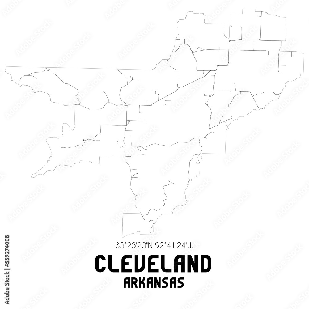 Cleveland Arkansas. US street map with black and white lines.