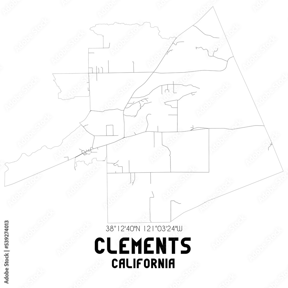 Clements California. US street map with black and white lines.