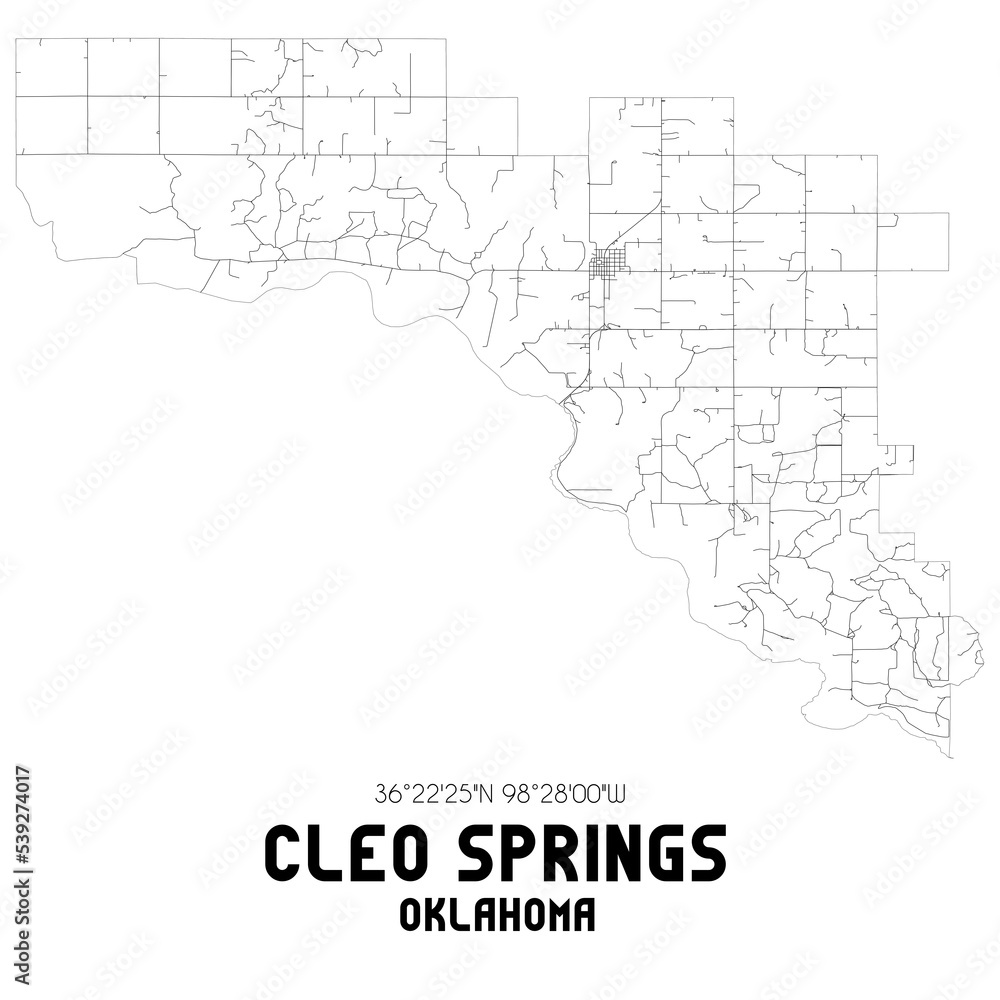 Cleo Springs Oklahoma. US street map with black and white lines.