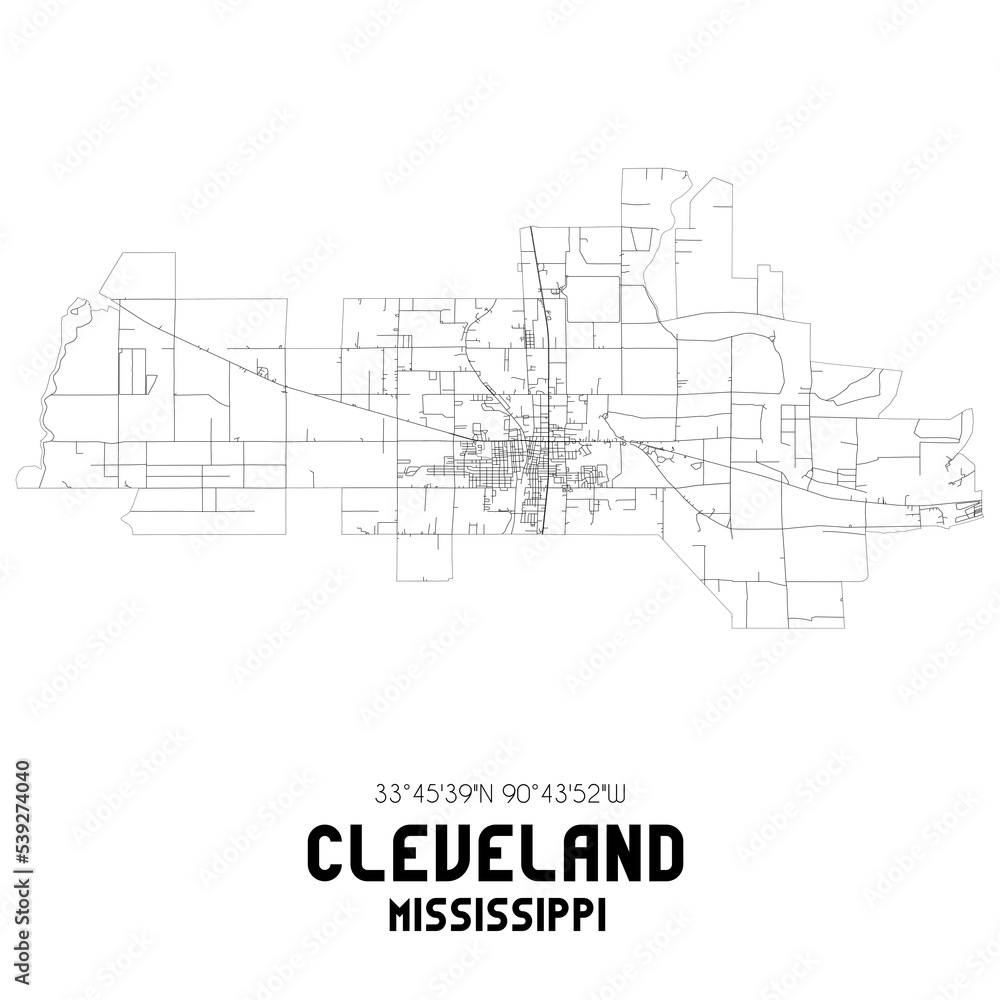Cleveland Mississippi. US street map with black and white lines.