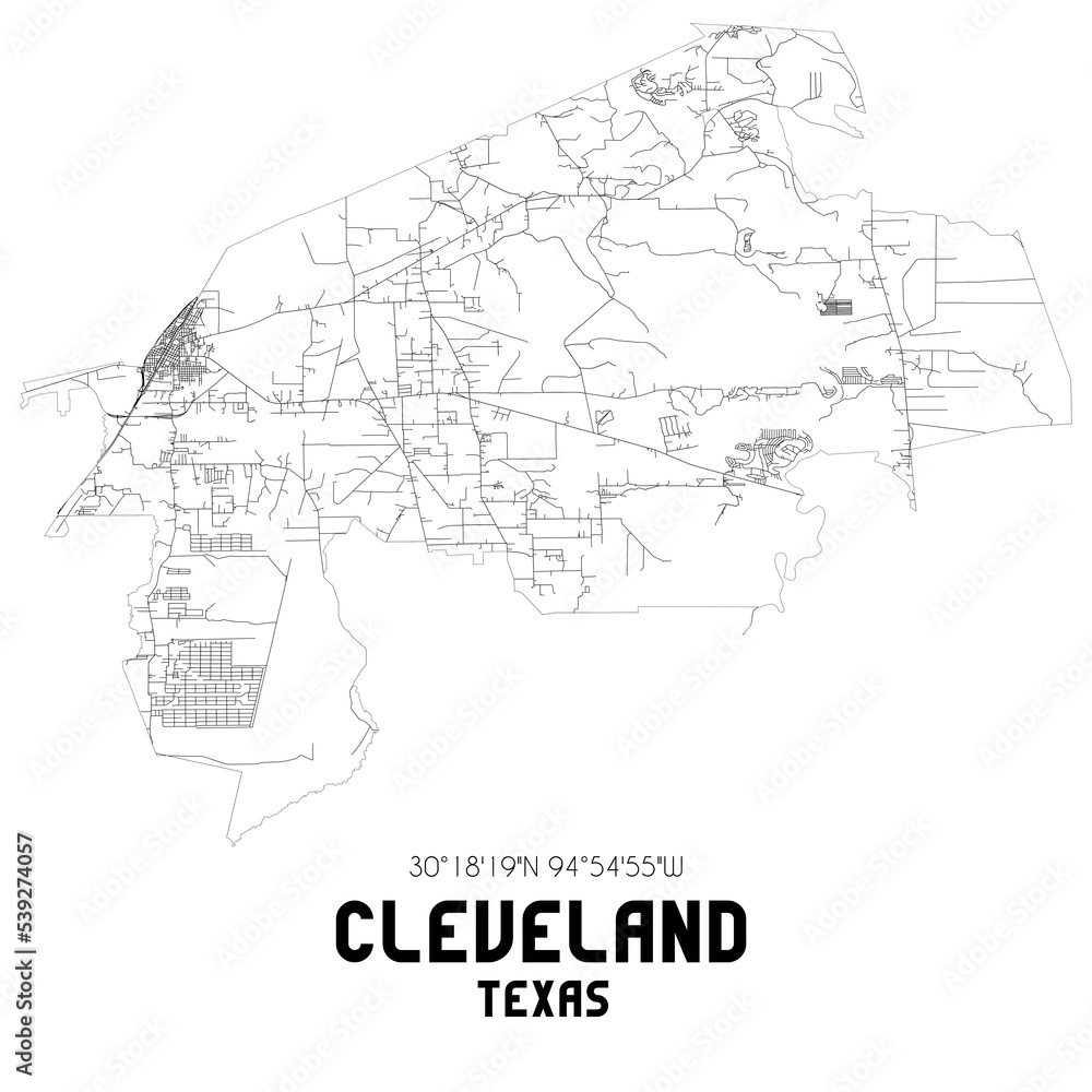 Cleveland Texas. US street map with black and white lines.
