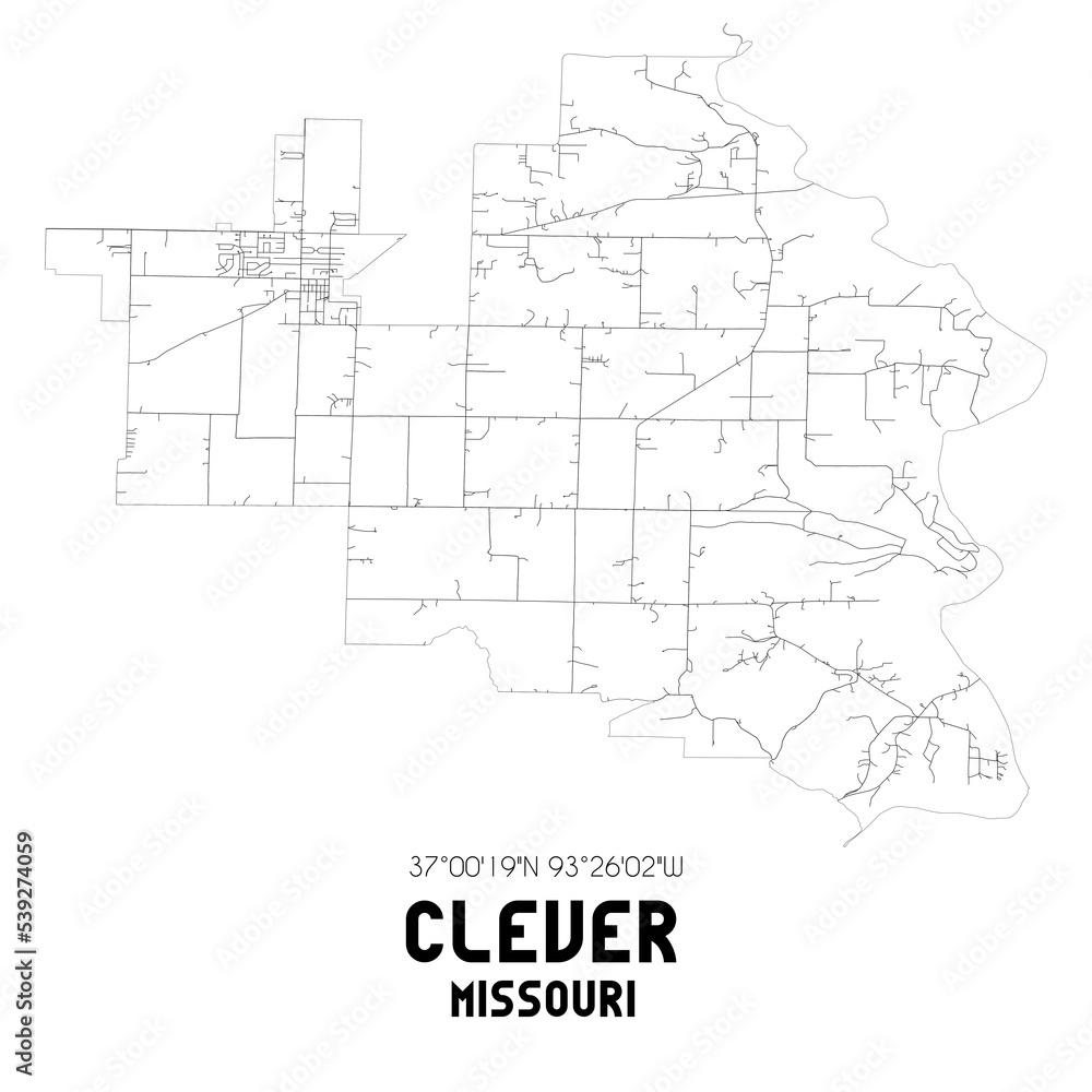Clever Missouri. US street map with black and white lines.
