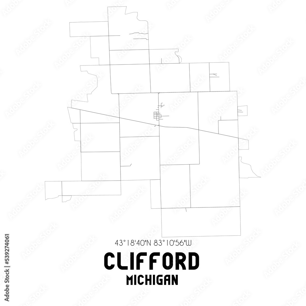 Clifford Michigan. US street map with black and white lines.