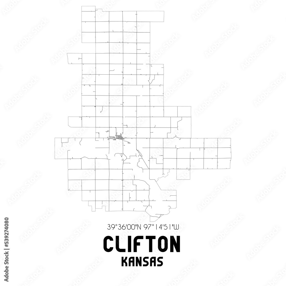 Clifton Kansas. US street map with black and white lines.