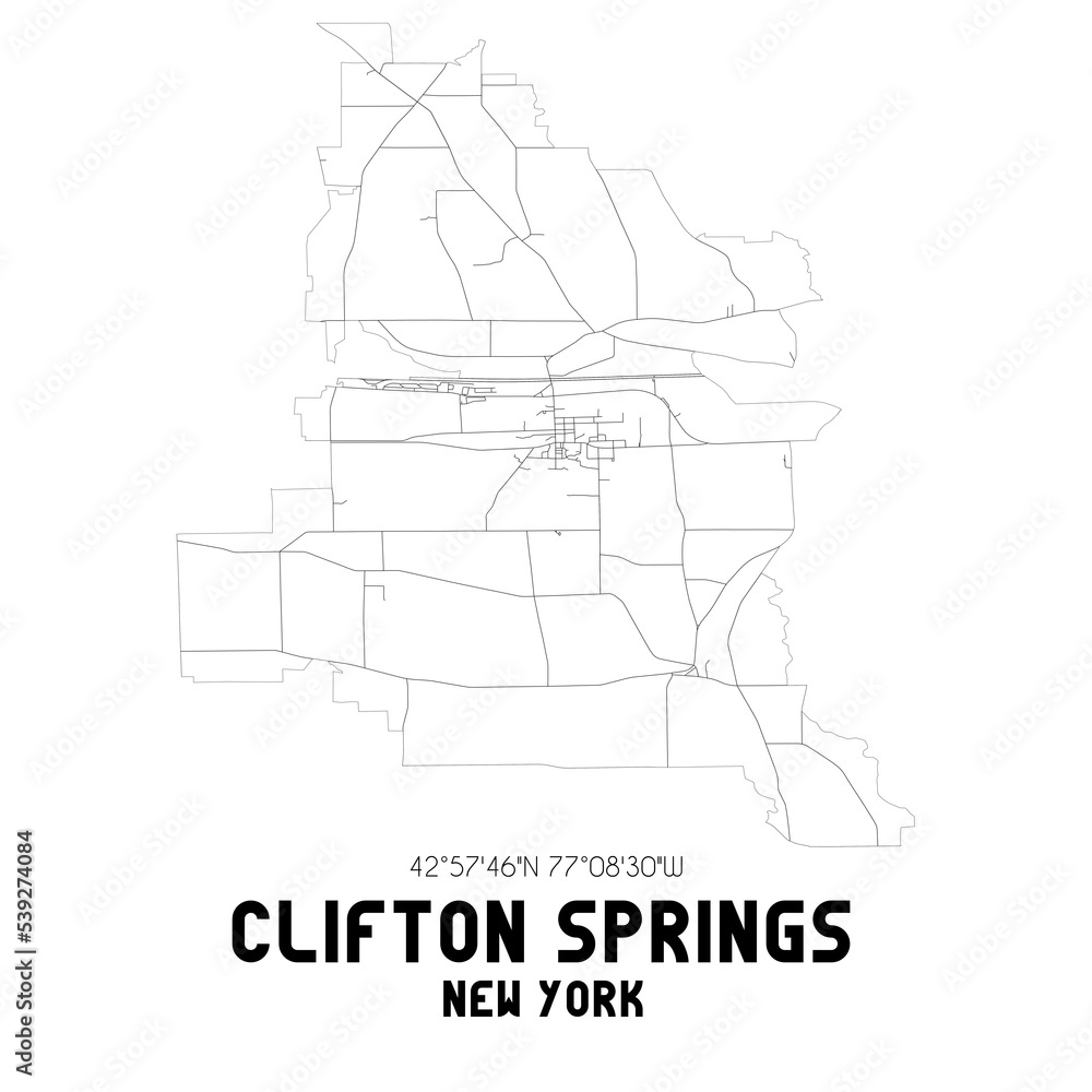 Clifton Springs New York. US street map with black and white lines.