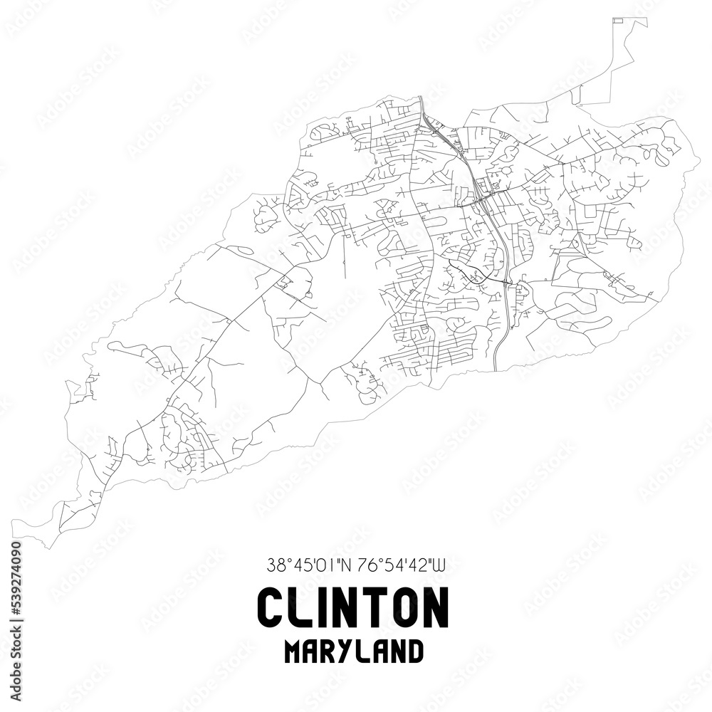 Clinton Maryland. US street map with black and white lines.