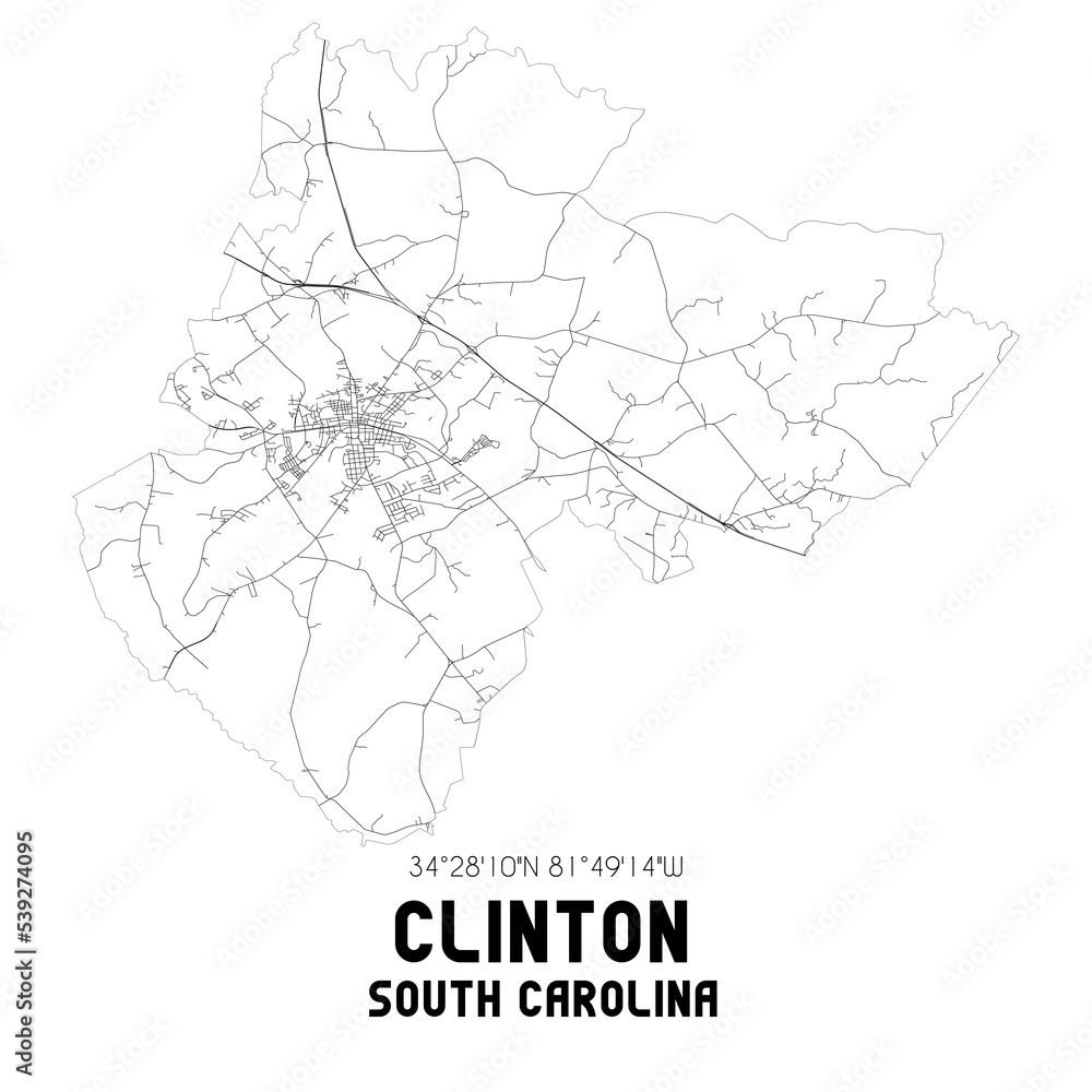 Clinton South Carolina. US street map with black and white lines.
