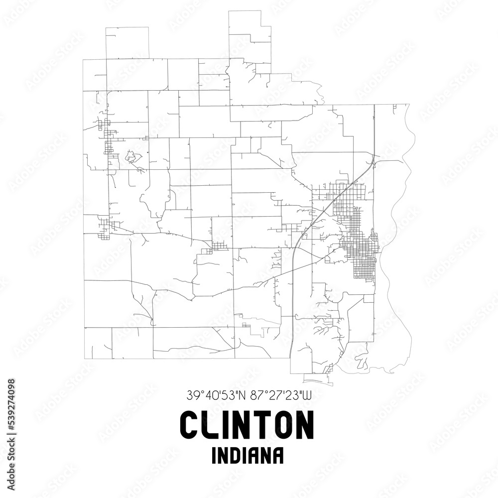 Clinton Indiana. US street map with black and white lines.