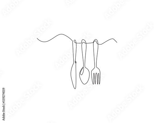 one continuous single line kitchen utensil vector illustration. single line knive, spoon and fork