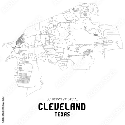 Cleveland Texas. US street map with black and white lines.