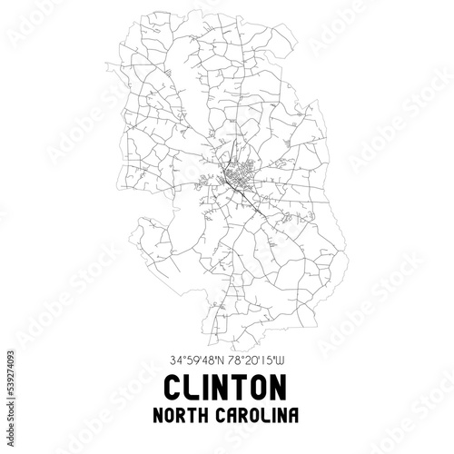 Clinton North Carolina. US street map with black and white lines.