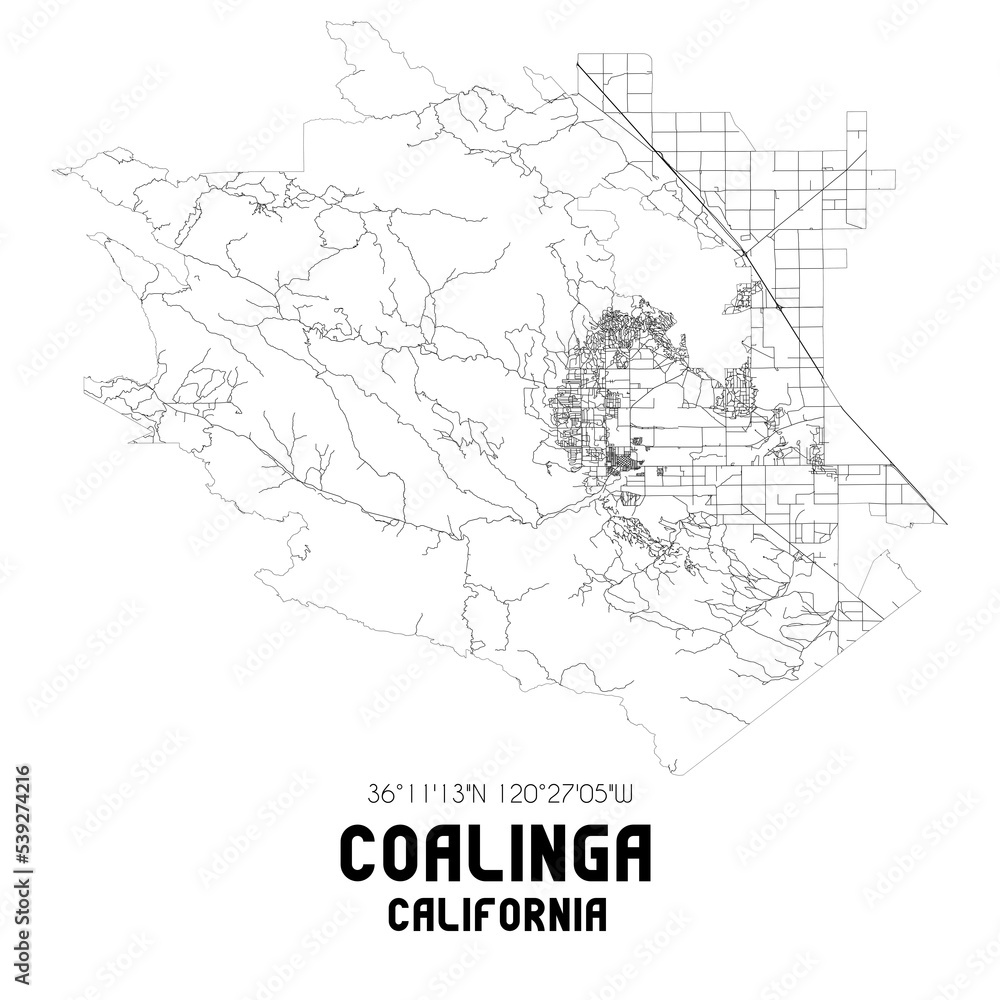 Coalinga California. US street map with black and white lines.