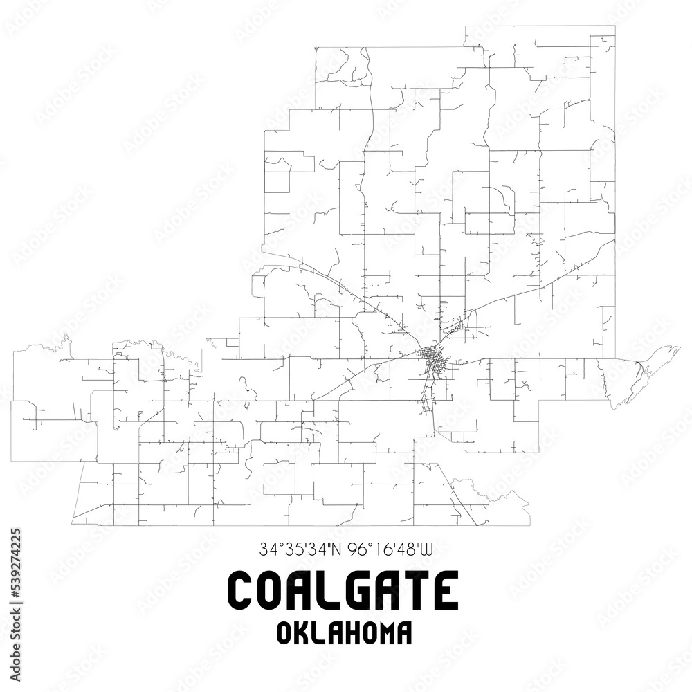 Coalgate Oklahoma. US street map with black and white lines.