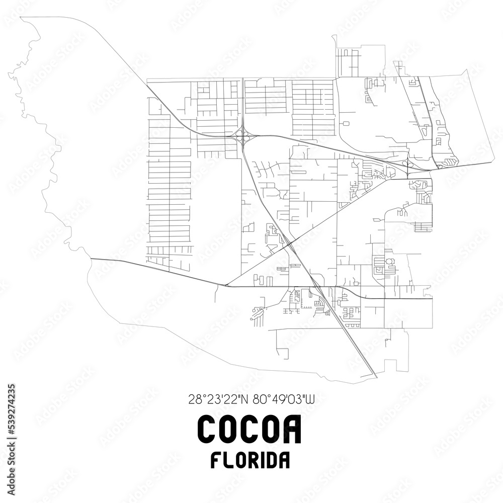 Fototapeta premium Cocoa Florida. US street map with black and white lines.