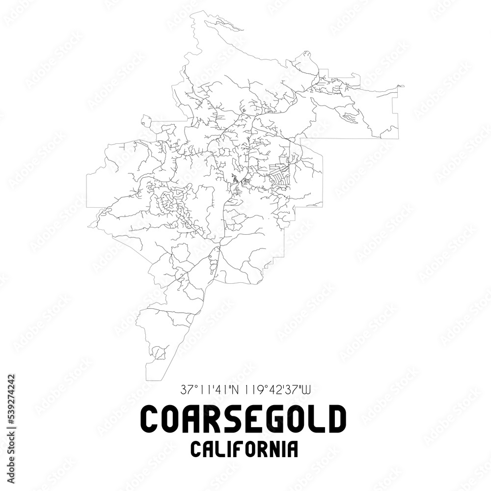 Coarsegold California. US street map with black and white lines.