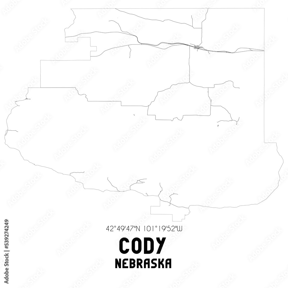 Cody Nebraska. US street map with black and white lines.