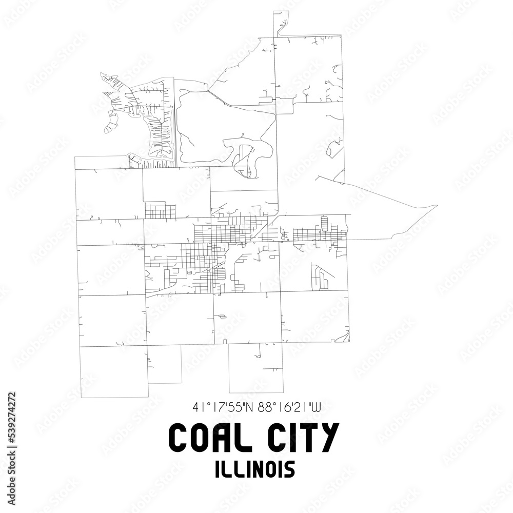 Coal City Illinois. US street map with black and white lines.
