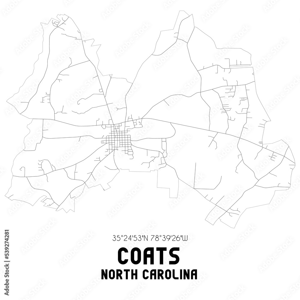 Coats North Carolina. US street map with black and white lines.