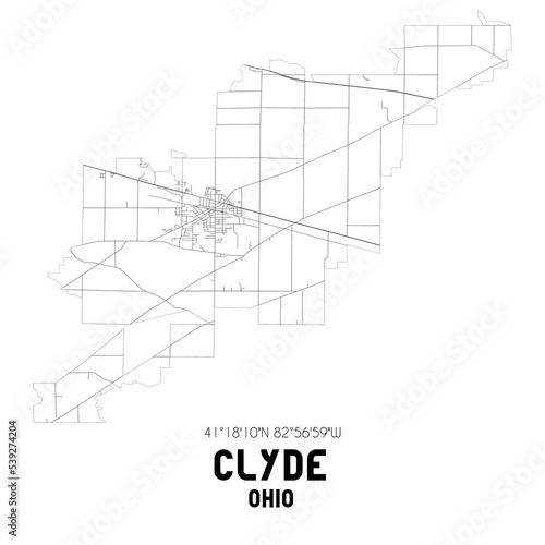Clyde Ohio. US street map with black and white lines.