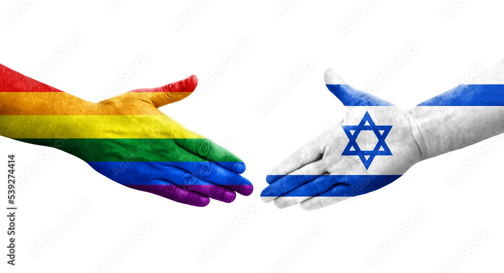 Handshake between Israel and LGBT flags painted on hands, isolated transparent image.