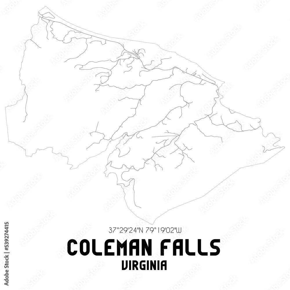 Coleman Falls Virginia. US street map with black and white lines.