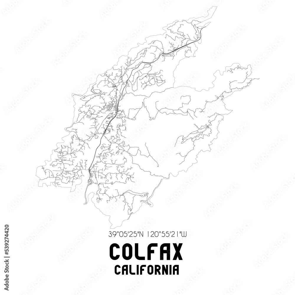 Colfax California. US street map with black and white lines.