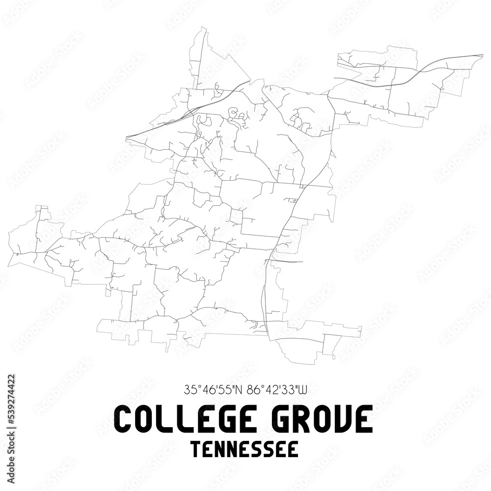 College Grove Tennessee. US street map with black and white lines.