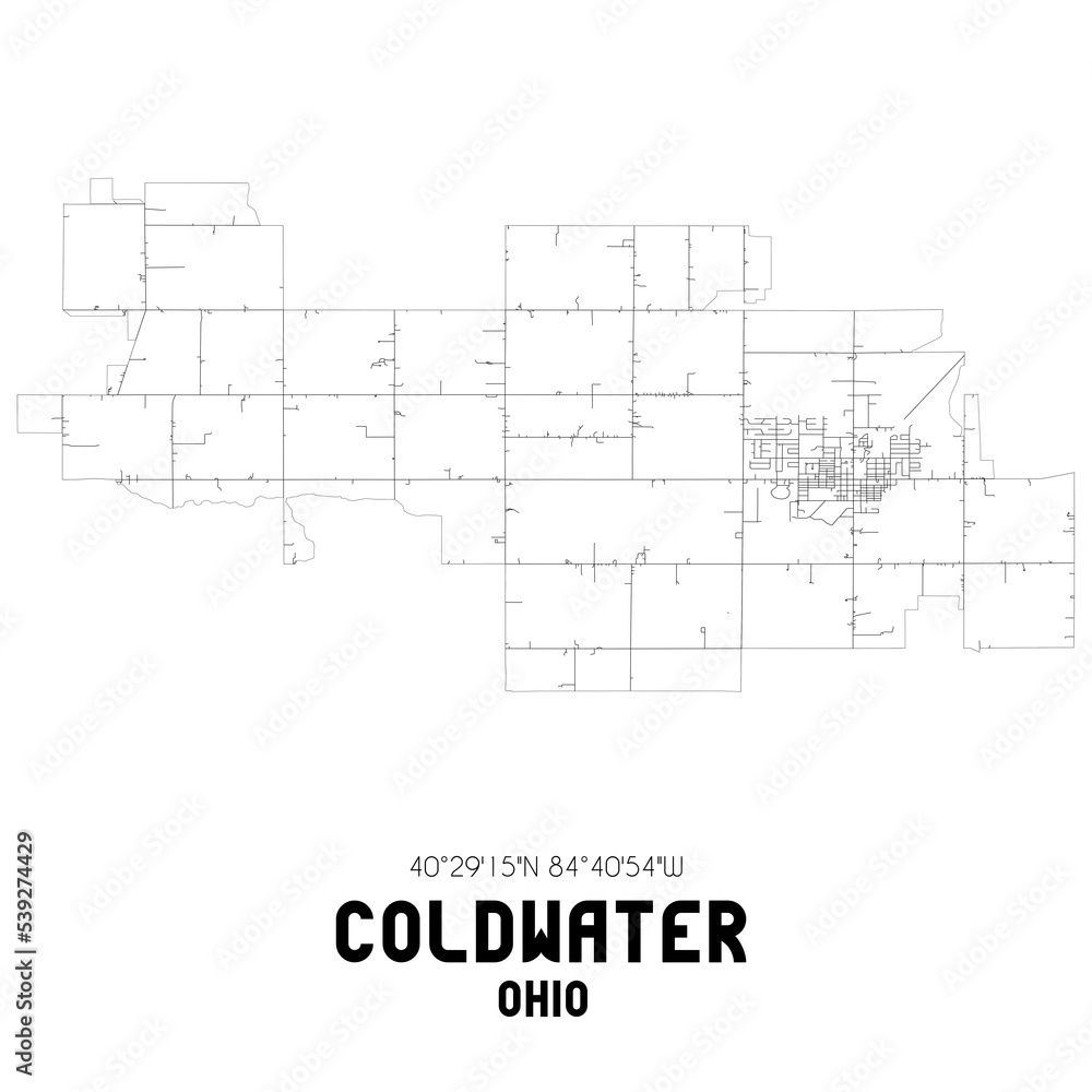 Coldwater Ohio. US street map with black and white lines.