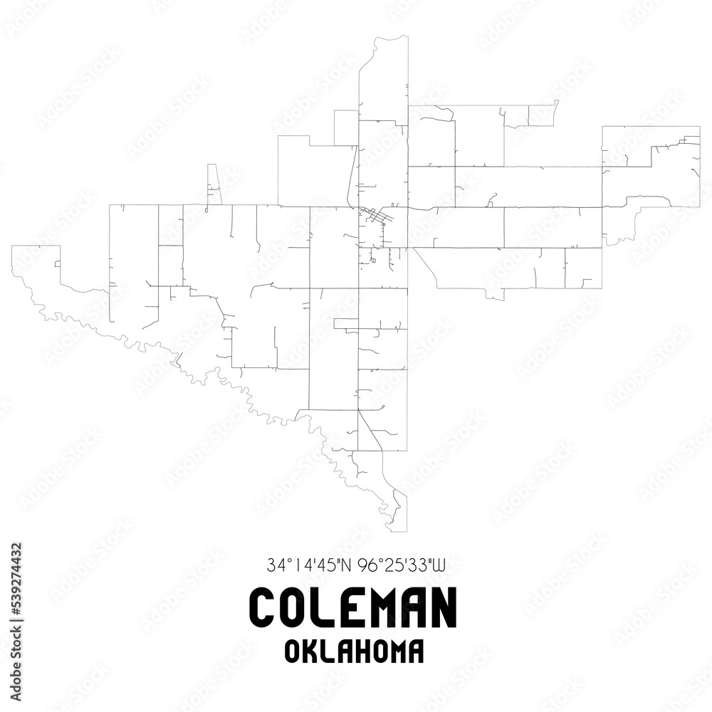 Coleman Oklahoma. US street map with black and white lines.