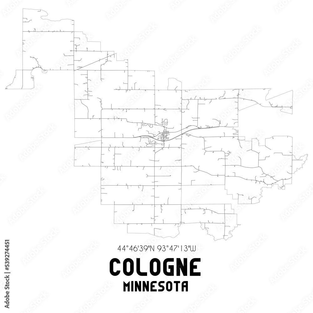 Cologne Minnesota. US street map with black and white lines.